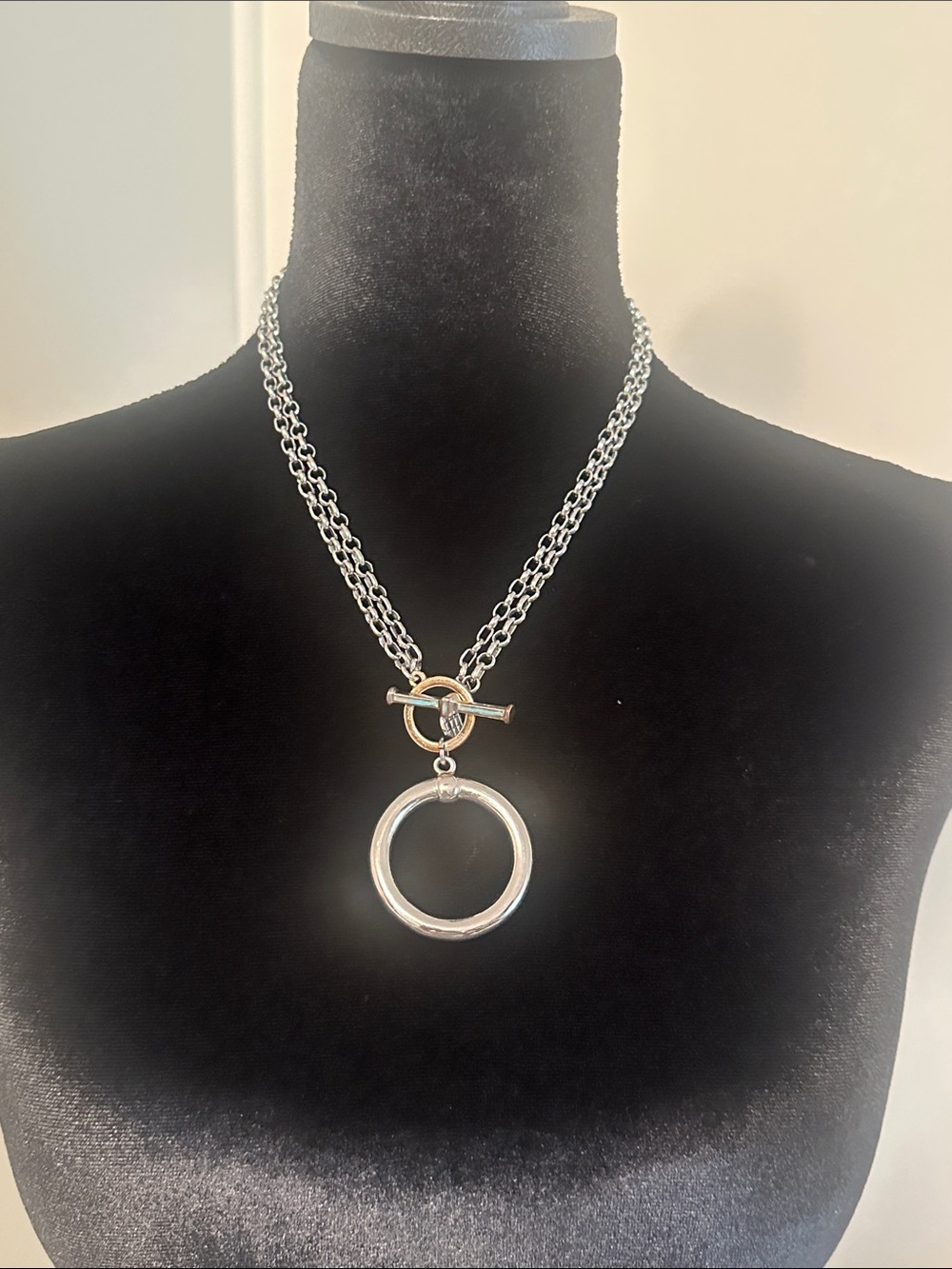 Talbots Silver-Tone Double Chain Necklace with Ring and Toggle